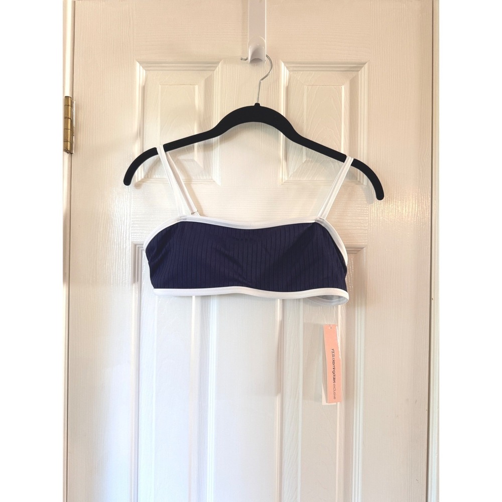 AQUA Navy White Ribbed Bandeau Swim Top Bloomingdales Exclusive XS NEW